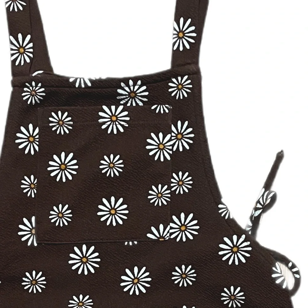 Girls brown white daisy print overall dress side ties